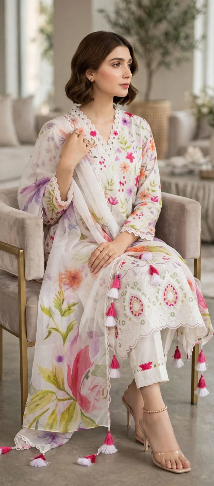 3 Pc Unstitched Ivory Multi-Floral Lawn Suit with Cutwork Daman & Embroidered Patches