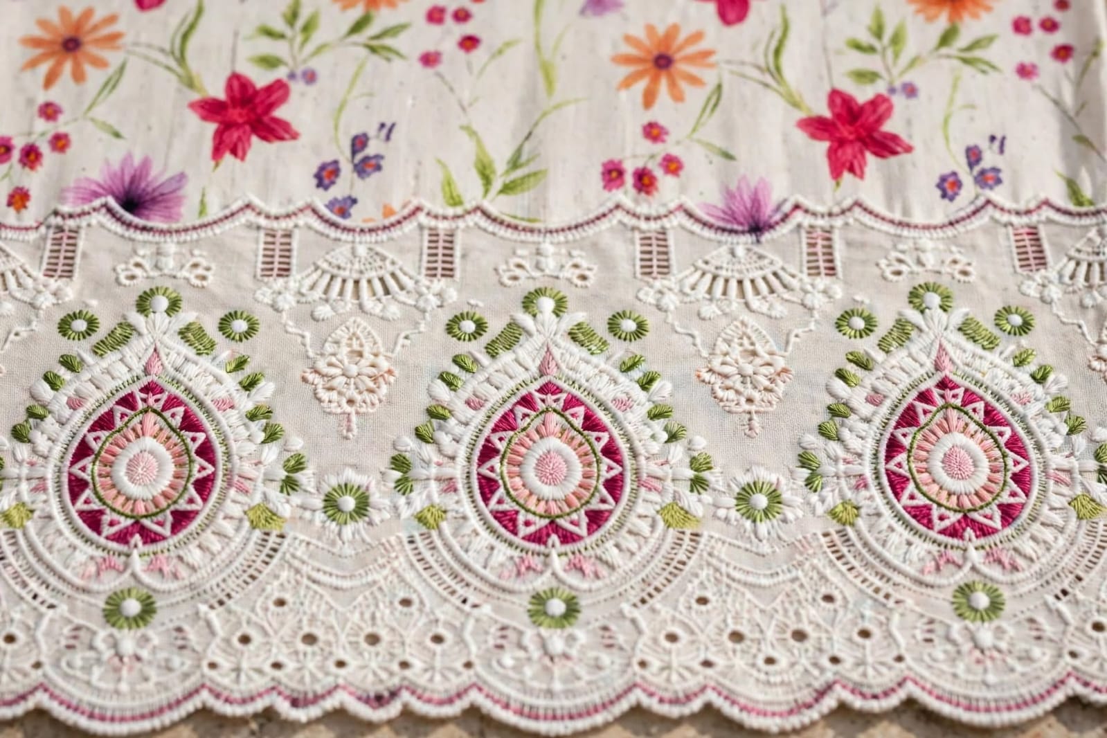 3 Pc Unstitched Ivory Multi-Floral Lawn Suit with Cutwork Daman & Embroidered Patches