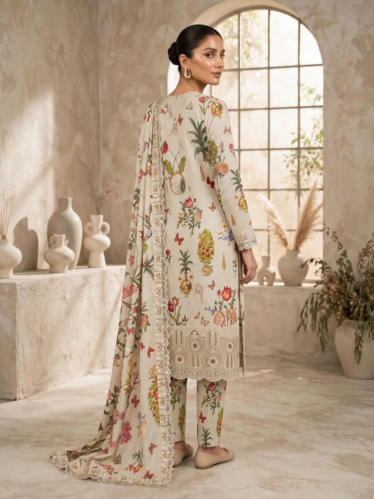 3 Pc Beige Botanical Unstitched Lawn Suit with Cutwork Border & Embroidered Patches