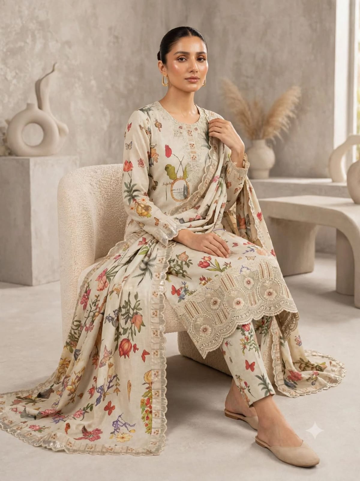3 Pc Beige Botanical Unstitched Lawn Suit with Cutwork Border & Embroidered Patches