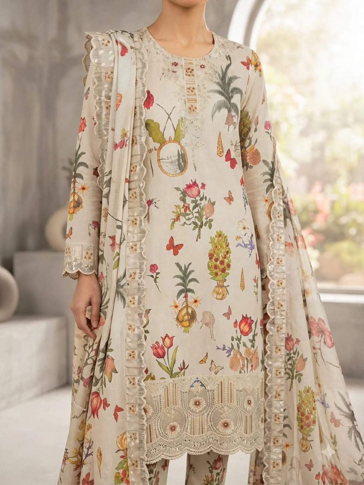3 Pc Beige Botanical Unstitched Lawn Suit with Cutwork Border & Embroidered Patches