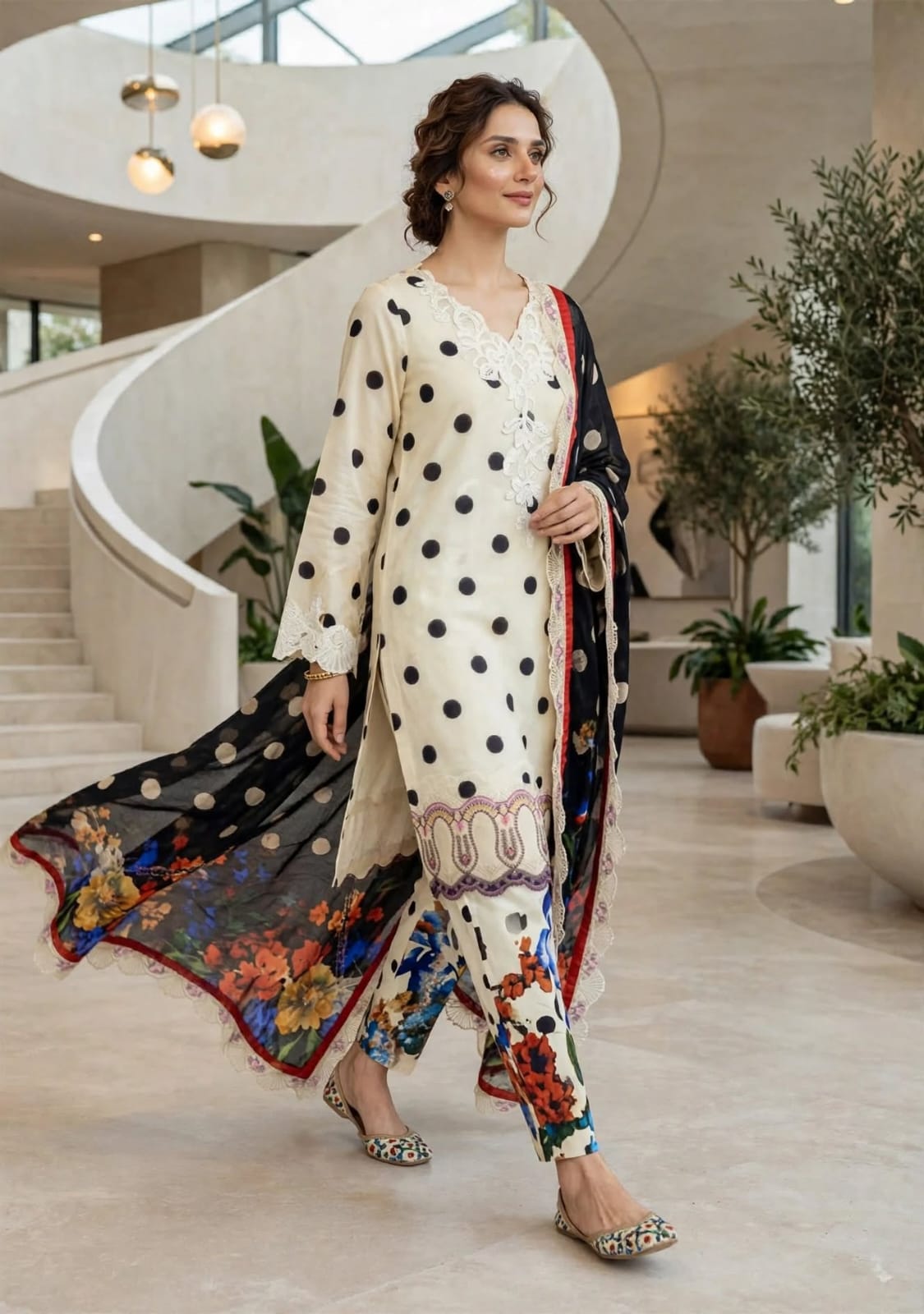 3 Pc Unstitched Ivory & Black Polka Dot Lawn Suit with Floral Dupatta & Lace Patches