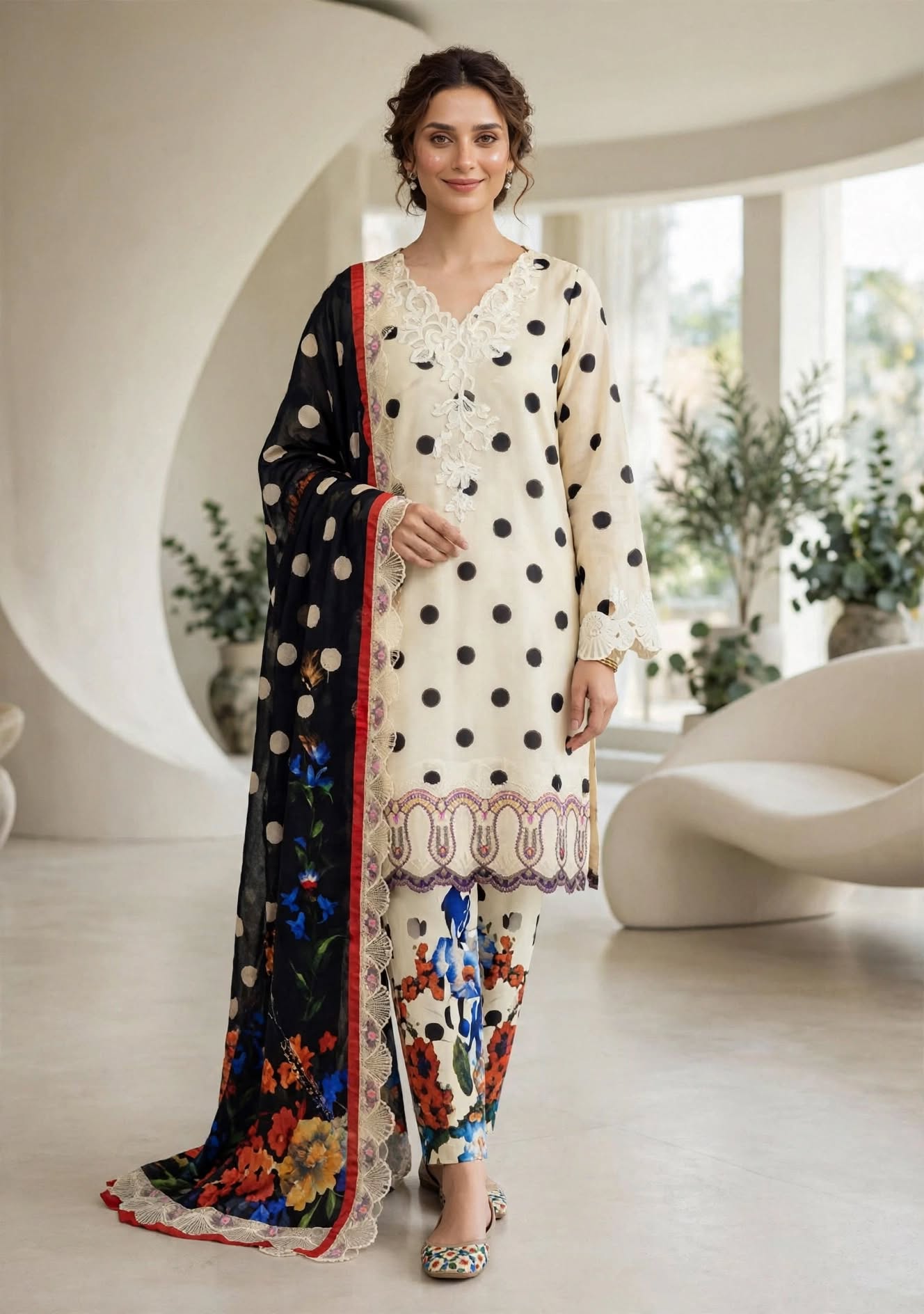 3 Pc Unstitched Ivory & Black Polka Dot Lawn Suit with Floral Dupatta & Lace Patches
