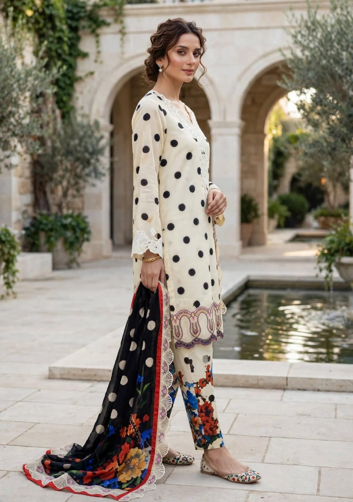 3 Pc Unstitched Ivory & Black Polka Dot Lawn Suit with Floral Dupatta & Lace Patches