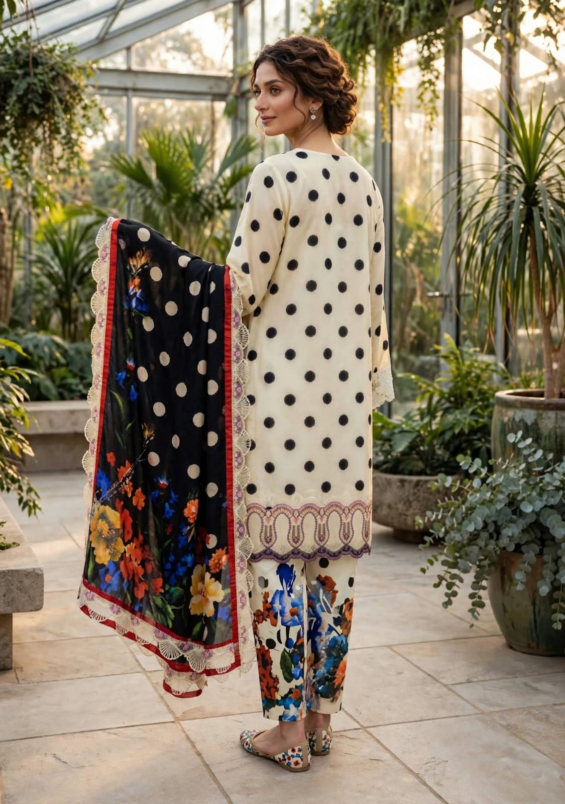 3 Pc Unstitched Ivory & Black Polka Dot Lawn Suit with Floral Dupatta & Lace Patches