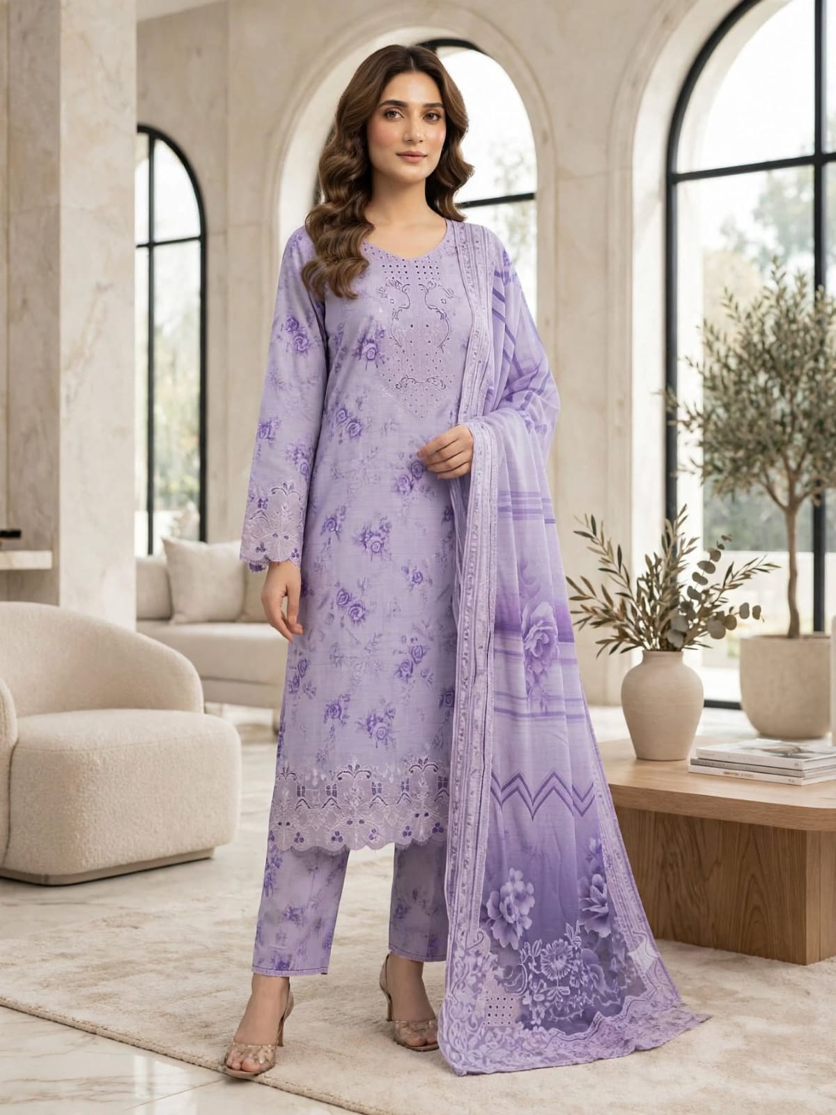 3 Pc Unstitched Monochromatic Soft Lavender  Lawn Suit with Cutwork Daman & Embroidered Neckline Patches