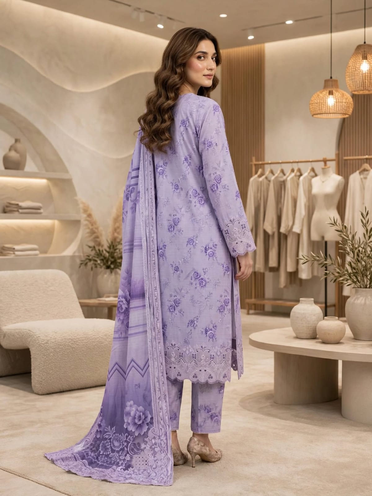 3 Pc Unstitched Monochromatic Soft Lavender  Lawn Suit with Cutwork Daman & Embroidered Neckline Patches