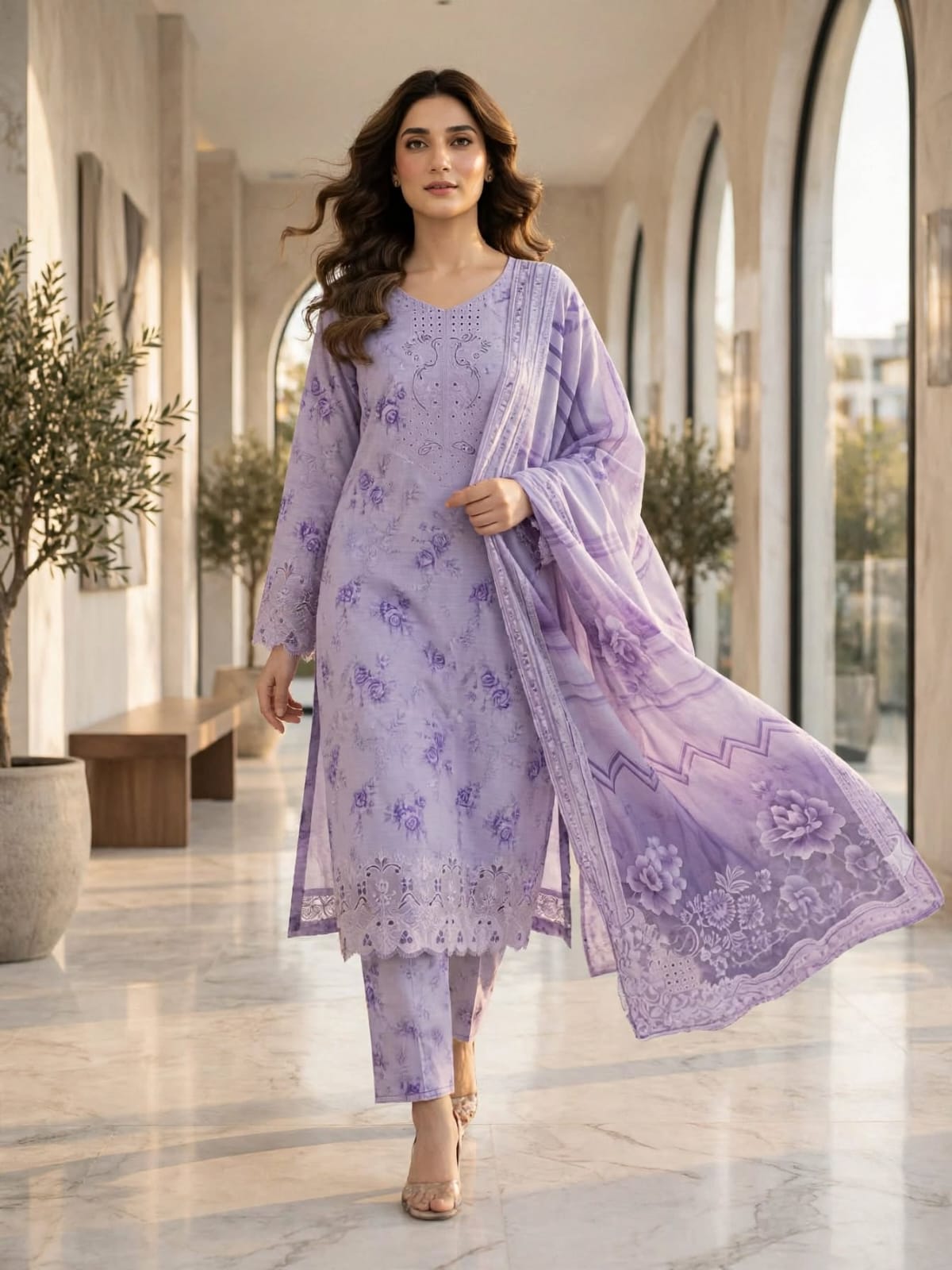 3 Pc Unstitched Monochromatic Soft Lavender  Lawn Suit with Cutwork Daman & Embroidered Neckline Patches