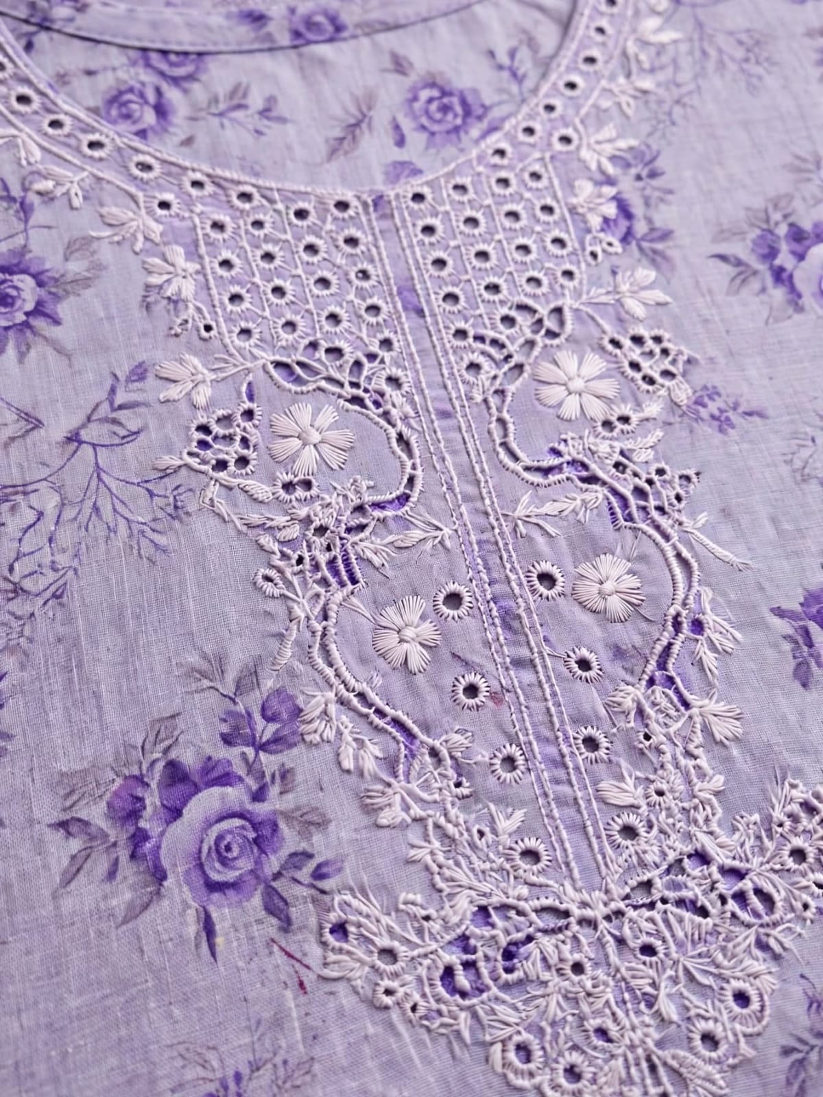 3 Pc Unstitched Monochromatic Soft Lavender  Lawn Suit with Cutwork Daman & Embroidered Neckline Patches