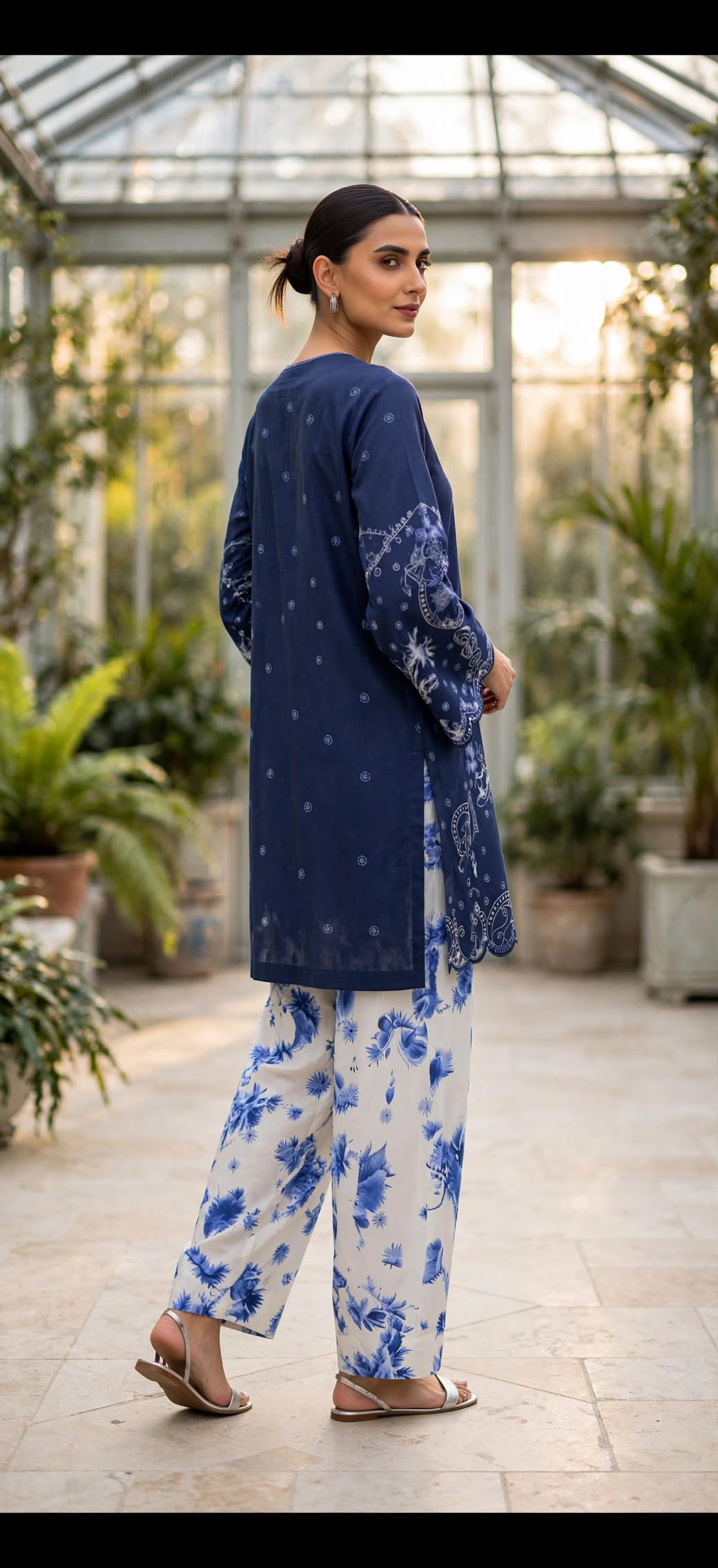 Stitched 2-Piece Navy Blue Embroidered Lawn Co-Ord Set with Printed Trousers