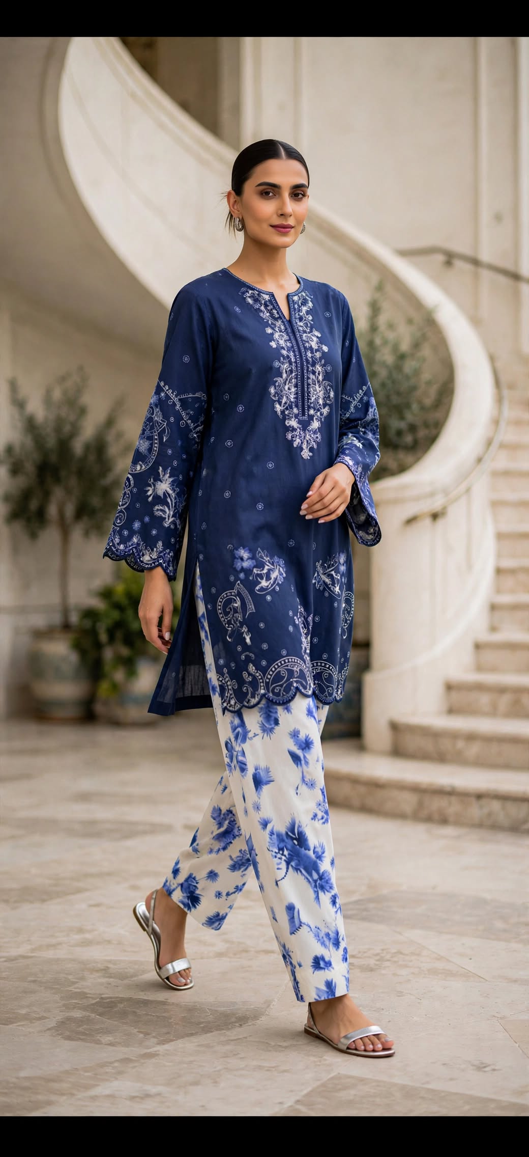 Stitched 2-Piece Navy Blue Embroidered Lawn Co-Ord Set with Printed Trousers