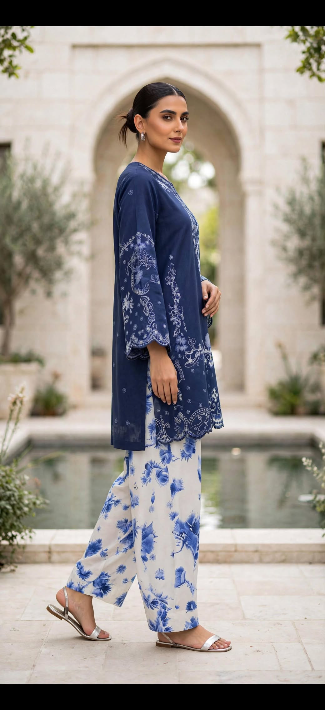 Stitched 2-Piece Navy Blue Embroidered Lawn Co-Ord Set with Printed Trousers