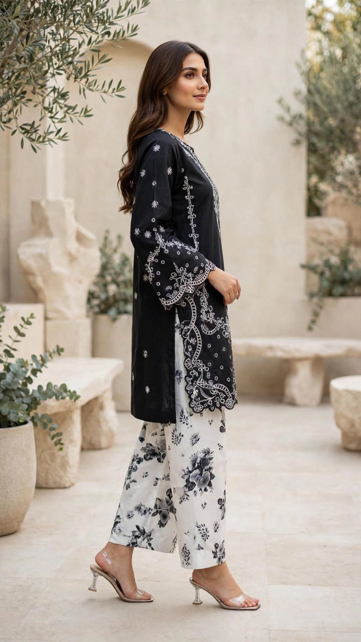 Stitched 2-Piece Black Embroidered Lawn Co-Ord Set with Printed Trousers