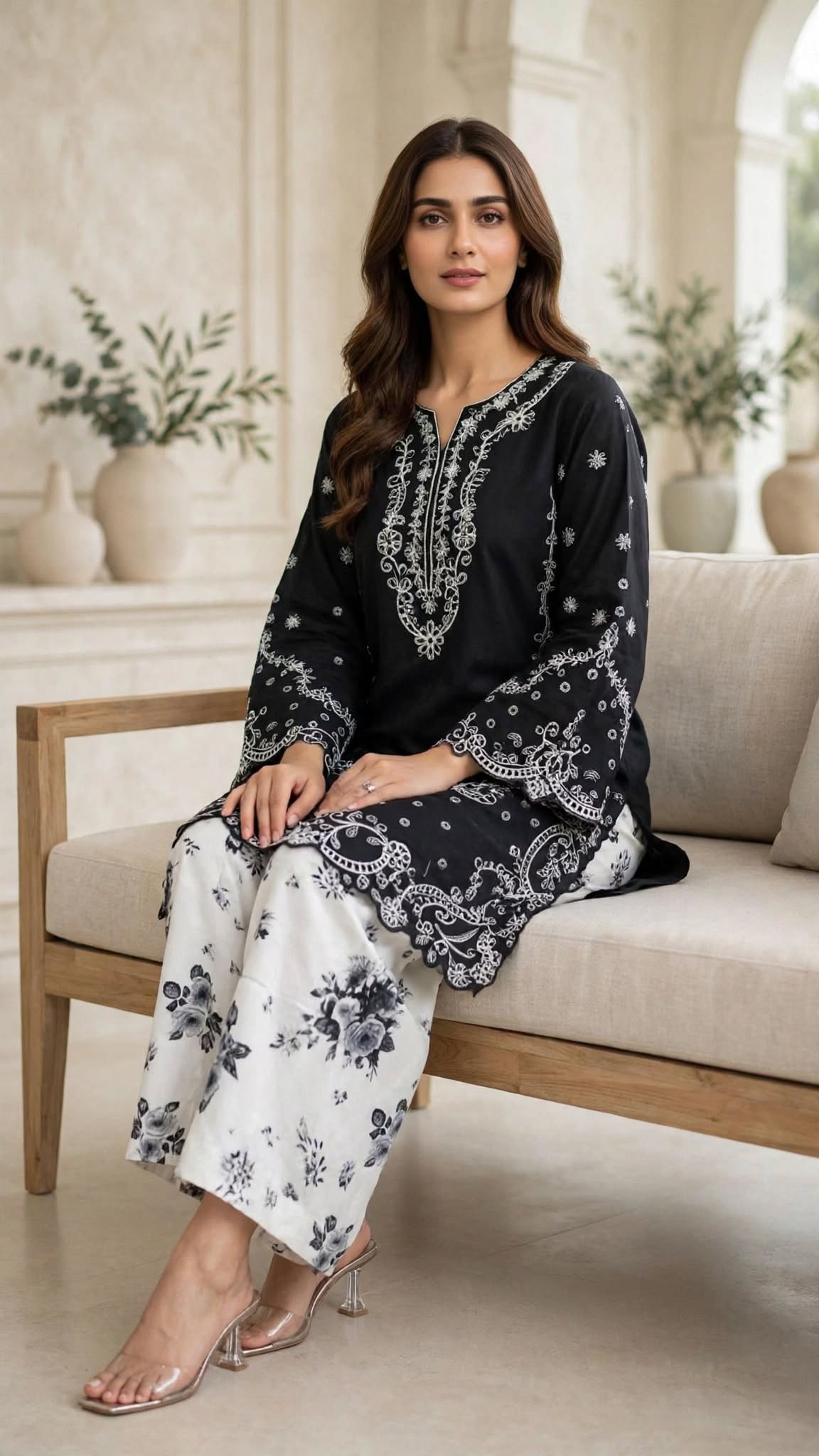 Stitched 2-Piece Black Embroidered Lawn Co-Ord Set with Printed Trousers