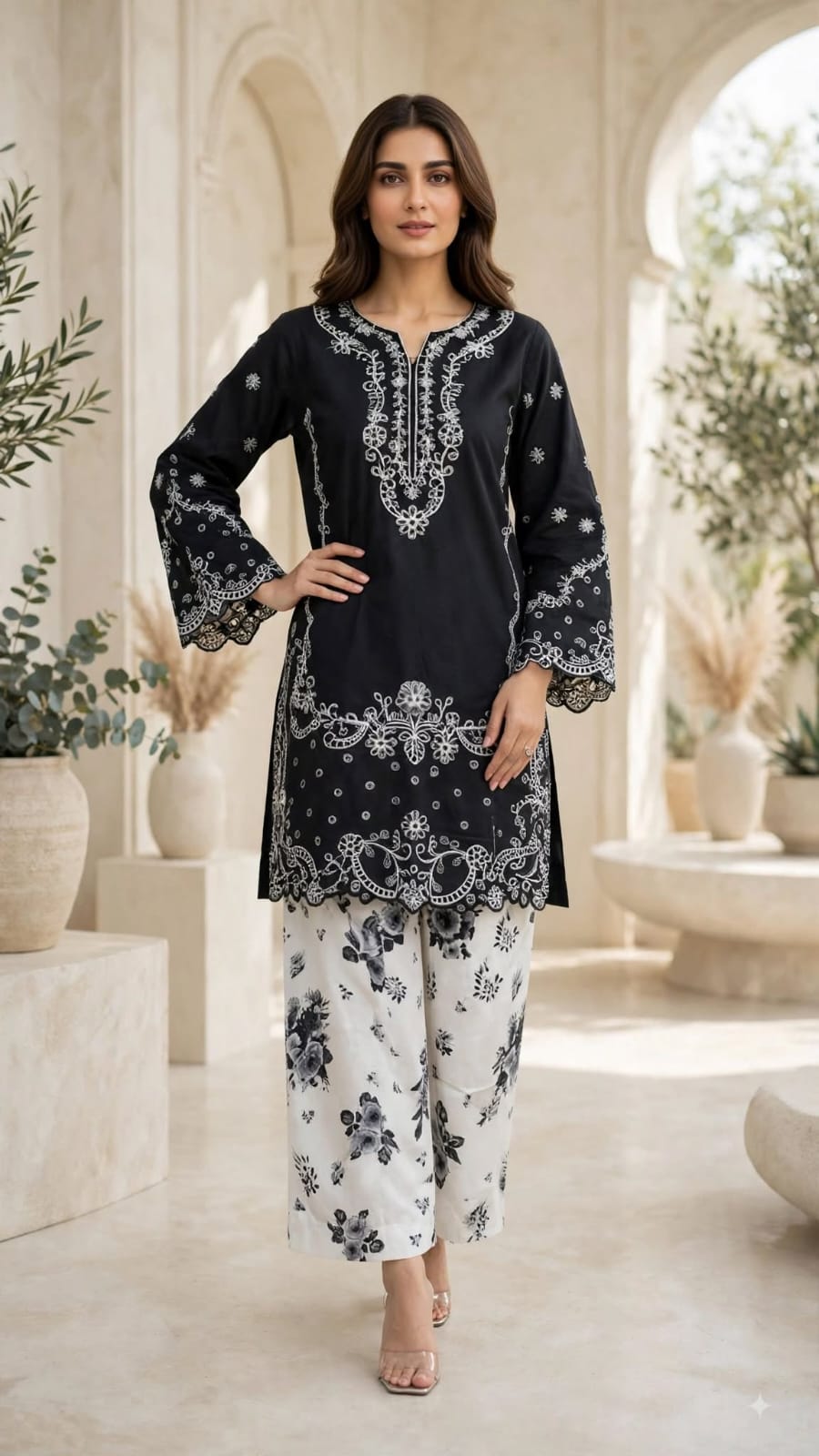 Stitched 2-Piece Black Embroidered Lawn Co-Ord Set with Printed Trousers