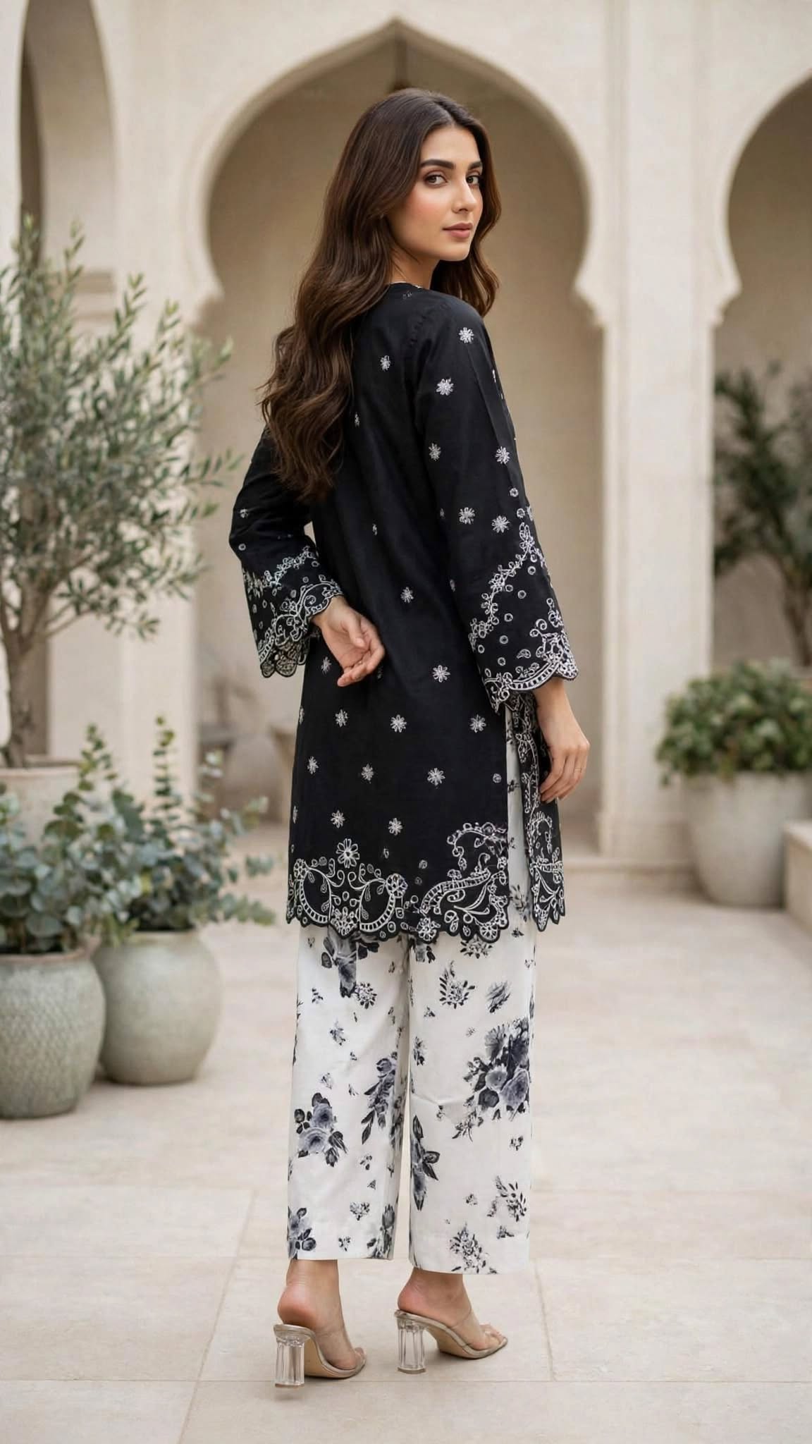 Stitched 2-Piece Black Embroidered Lawn Co-Ord Set with Printed Trousers