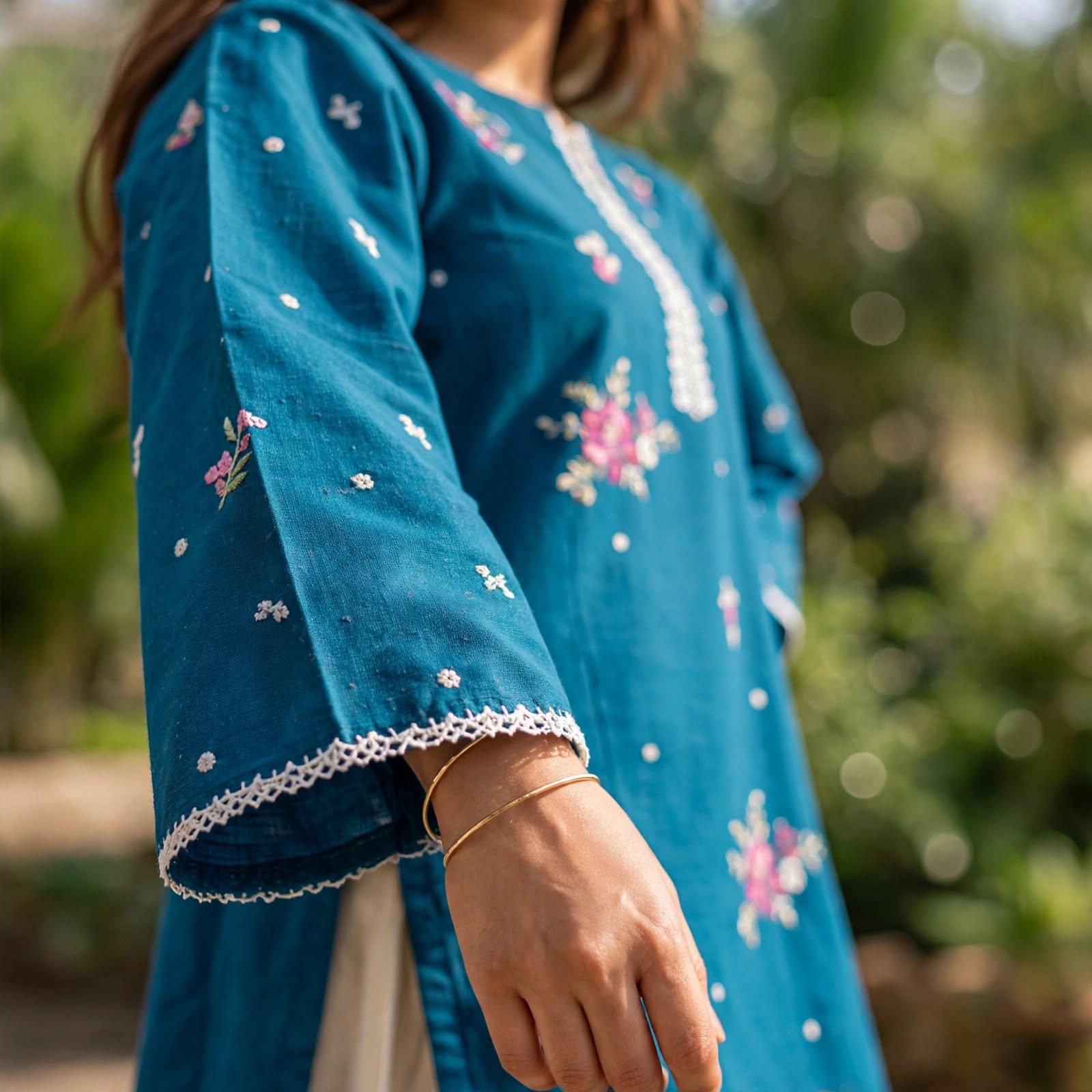Stitched 2-Piece Peacock Blue Embroidered Lawn Co-Ord Set with Printed Trousers