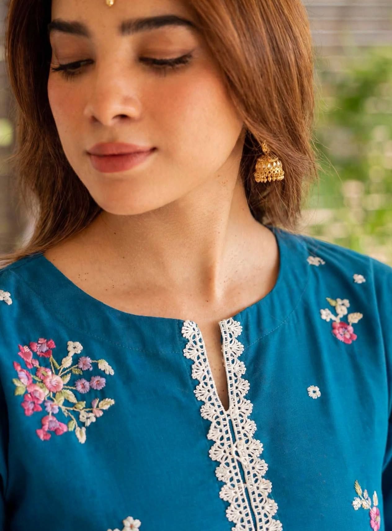 Stitched 2-Piece Peacock Blue Embroidered Lawn Co-Ord Set with Printed Trousers