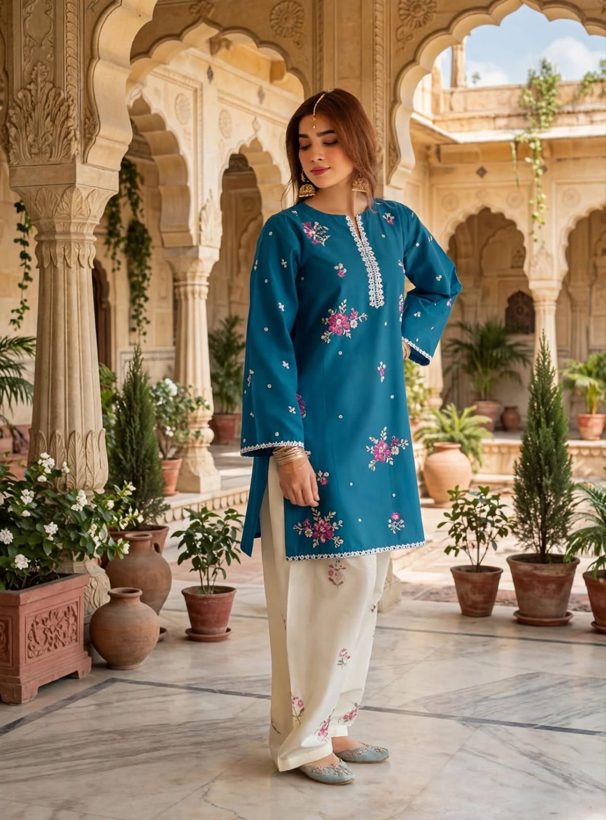 Stitched 2-Piece Peacock Blue Embroidered Lawn Co-Ord Set with Printed Trousers
