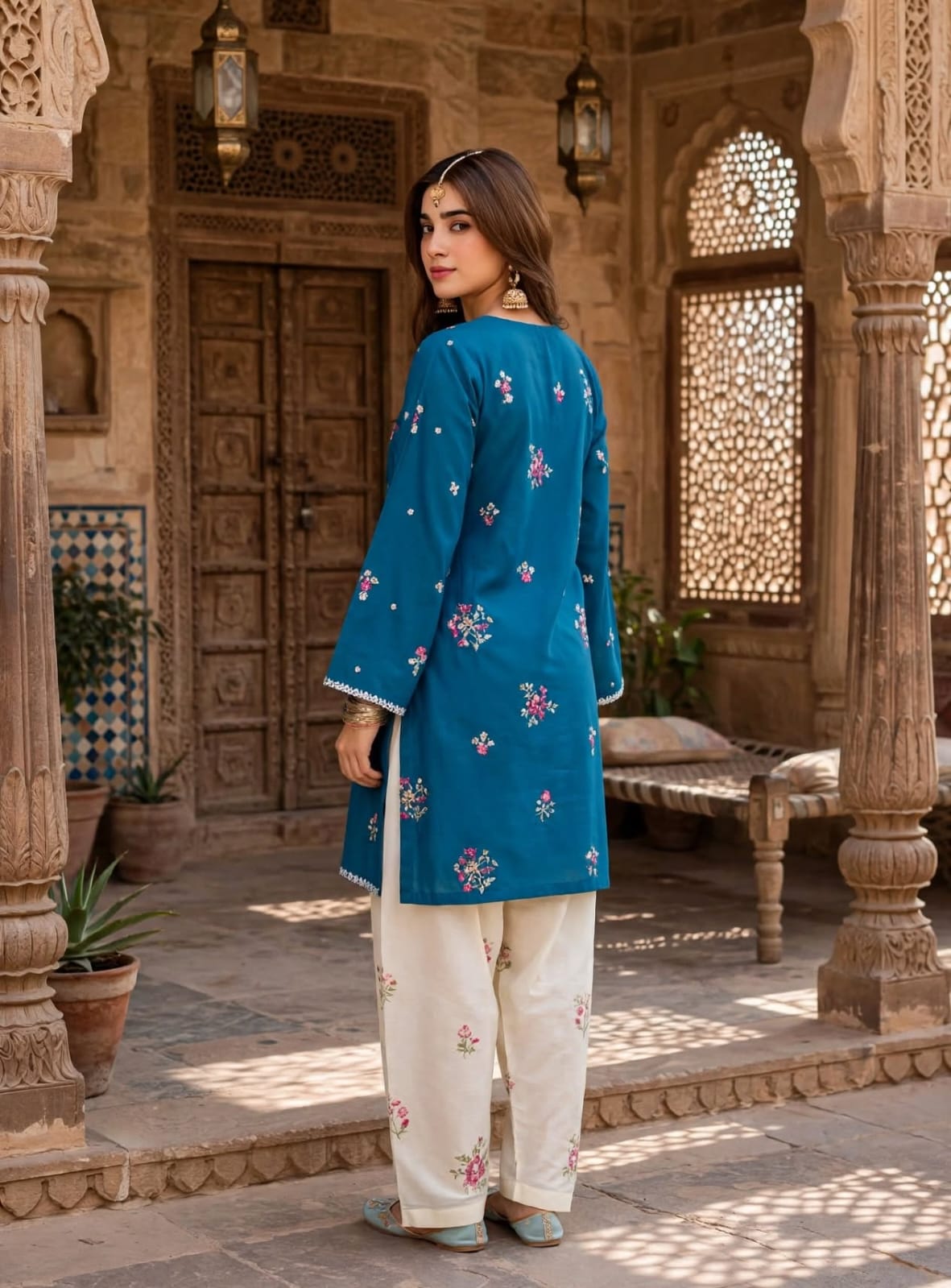 Stitched 2-Piece Peacock Blue Embroidered Lawn Co-Ord Set with Printed Trousers