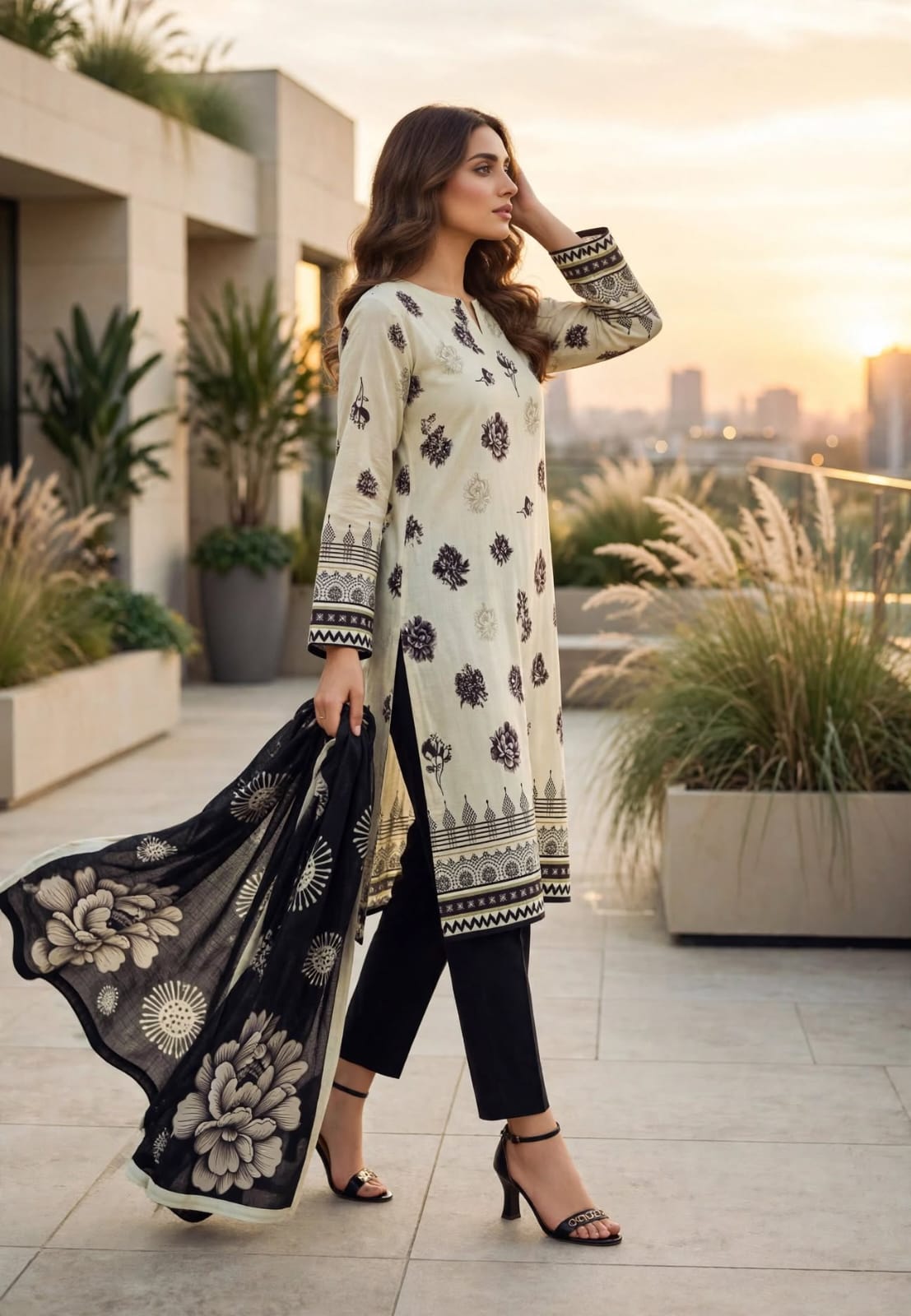 Classic Black & Ivory Bana Dora 3-Piece Unstitched Suit