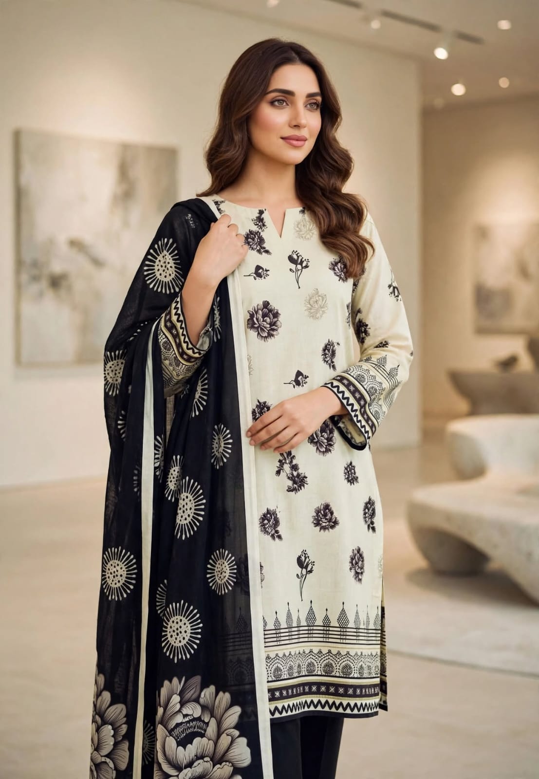 Classic Black & Ivory Bana Dora 3-Piece Unstitched Suit