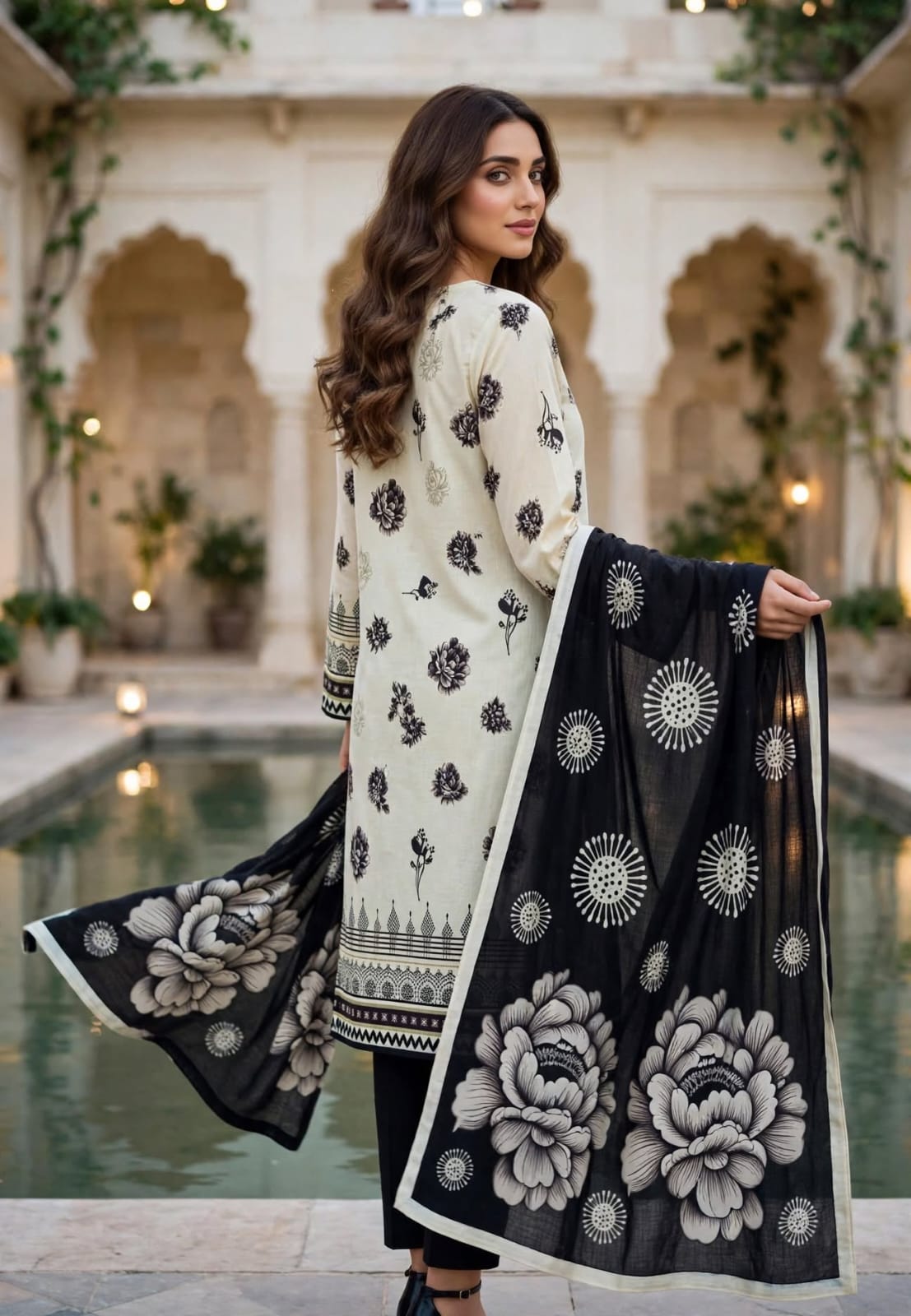 Classic Black & Ivory Bana Dora 3-Piece Unstitched Suit