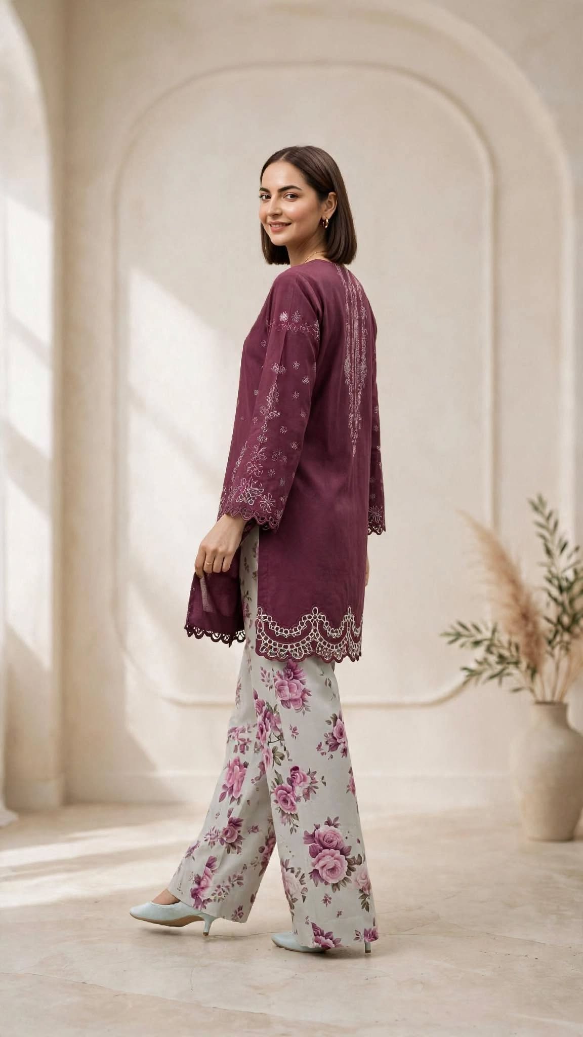 Stiched Grape Maroon Shirt with Floral Printed Off-White Trouser