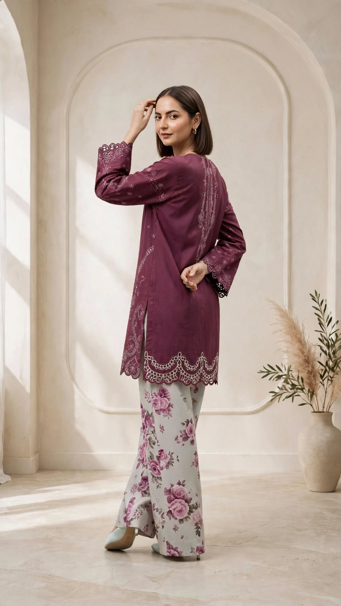 Stiched Grape Maroon Shirt with Floral Printed Off-White Trouser
