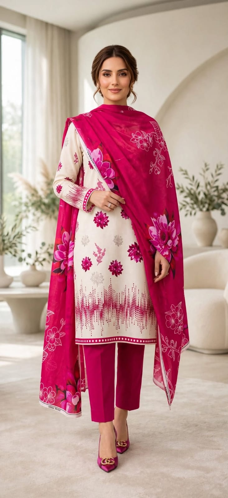 3-piece Unstiched Magenta floral patterns Bana Dora