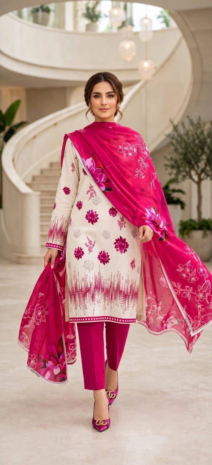 3-piece Unstiched Magenta floral patterns Bana Dora