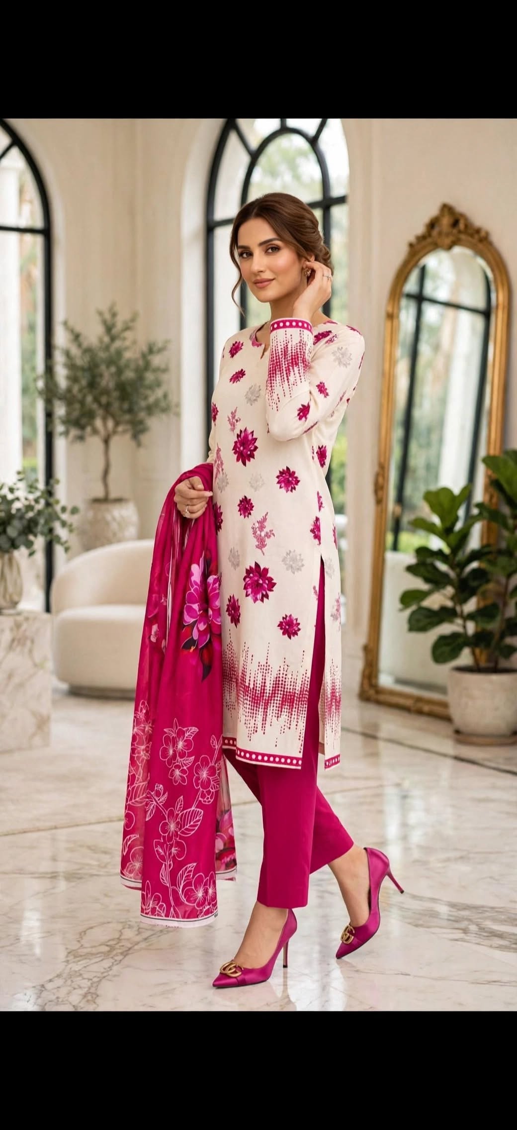 3-piece Unstiched Magenta floral patterns Bana Dora