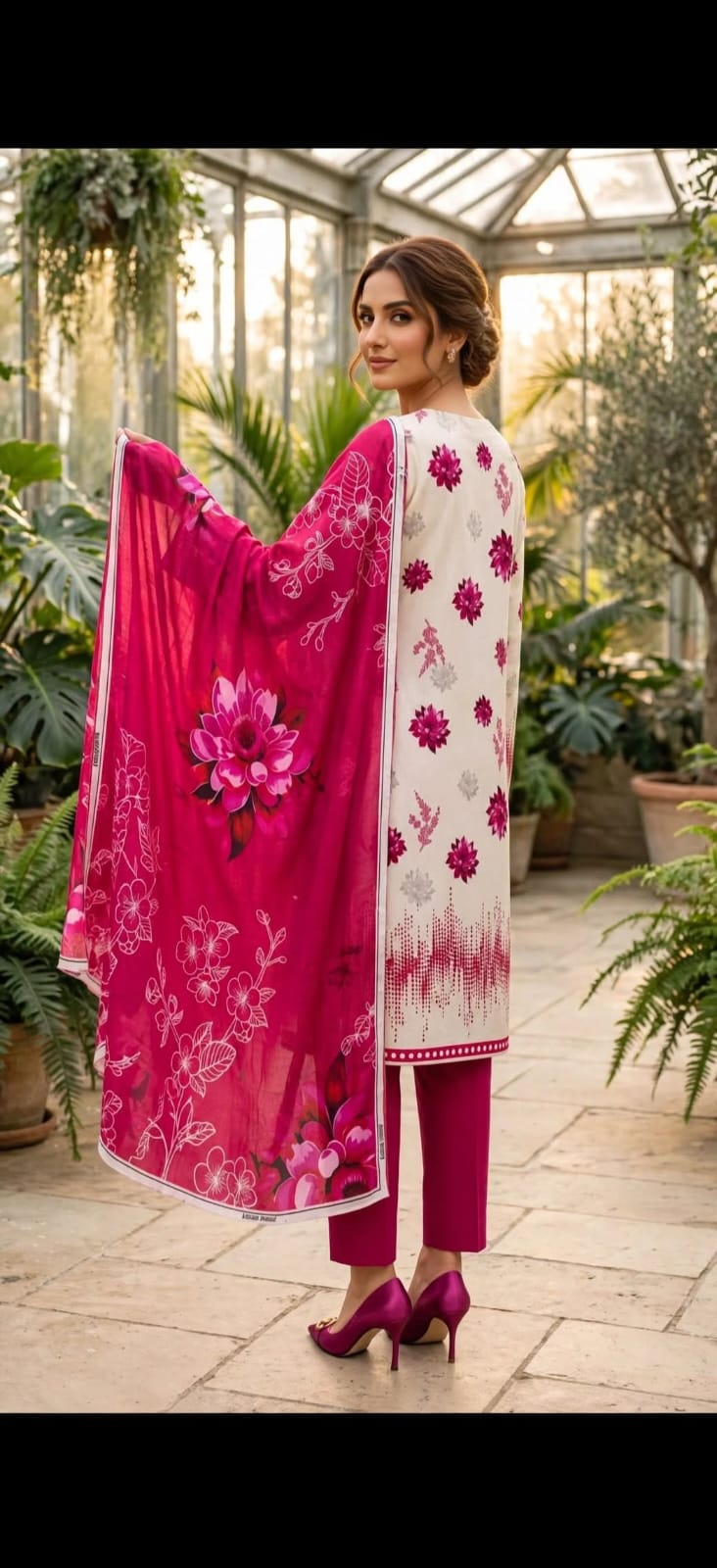 3-piece Unstiched Magenta floral patterns Bana Dora