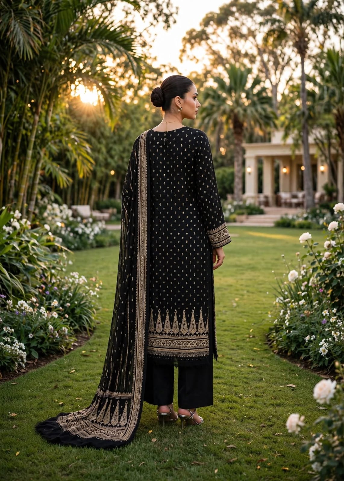 Black 3 Pc Unstich Printed lown fabric Bin Naeem Brand