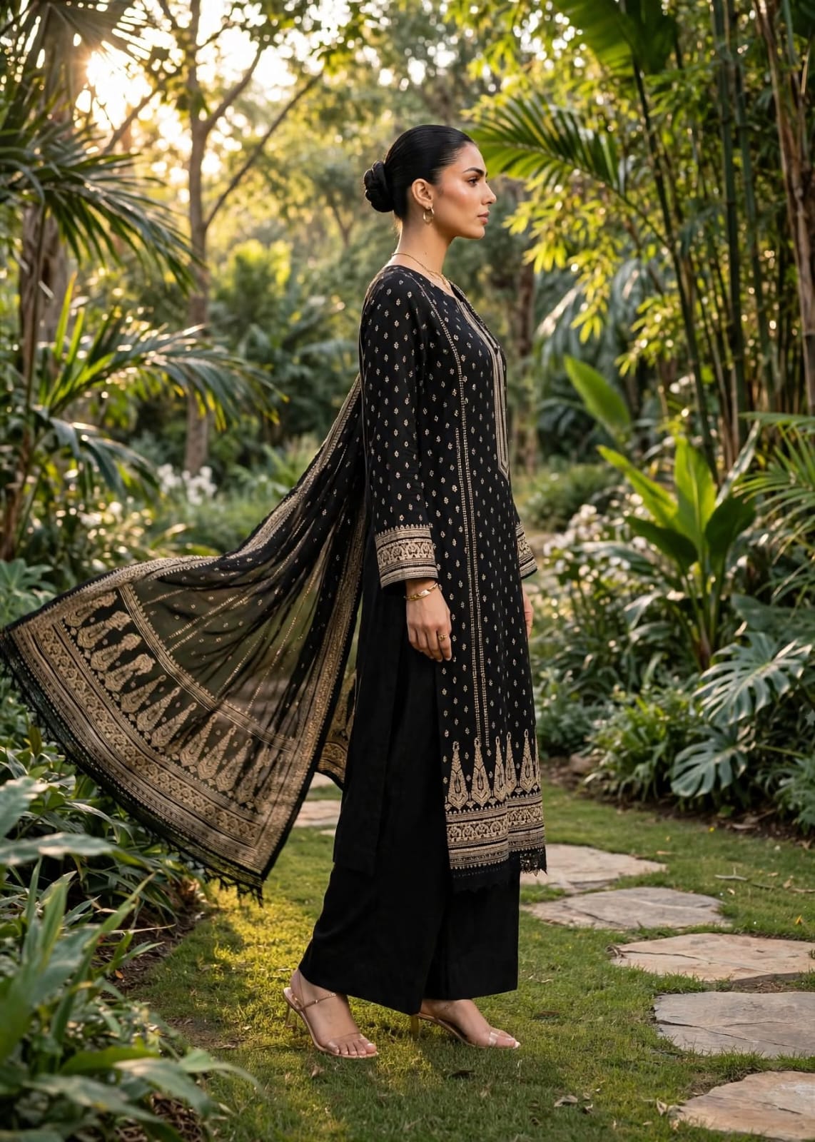 Black 3 Pc Unstich Printed lown fabric Bin Naeem Brand