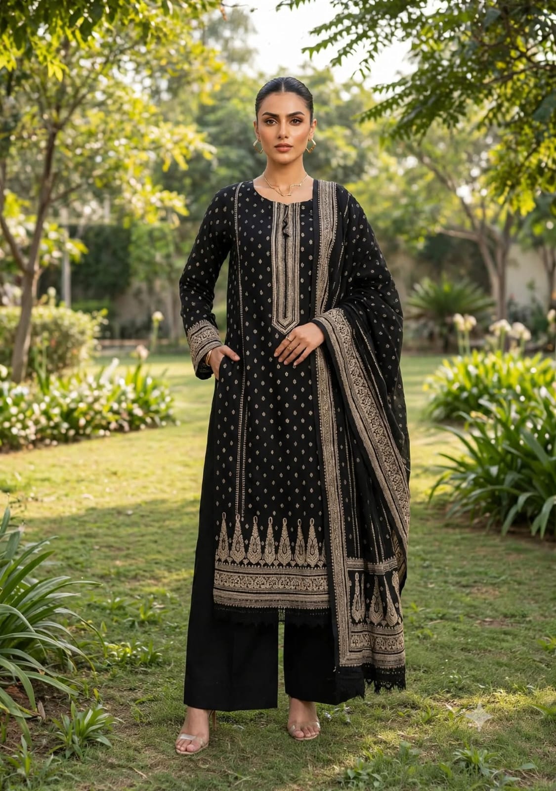 Black 3 Pc Unstich Printed lown fabric Bin Naeem Brand