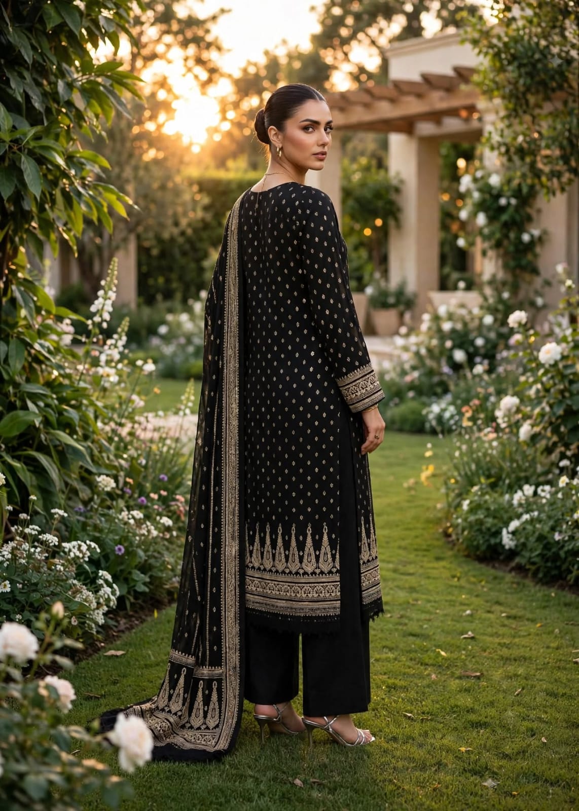 Black 3 Pc Unstich Printed lown fabric Bin Naeem Brand