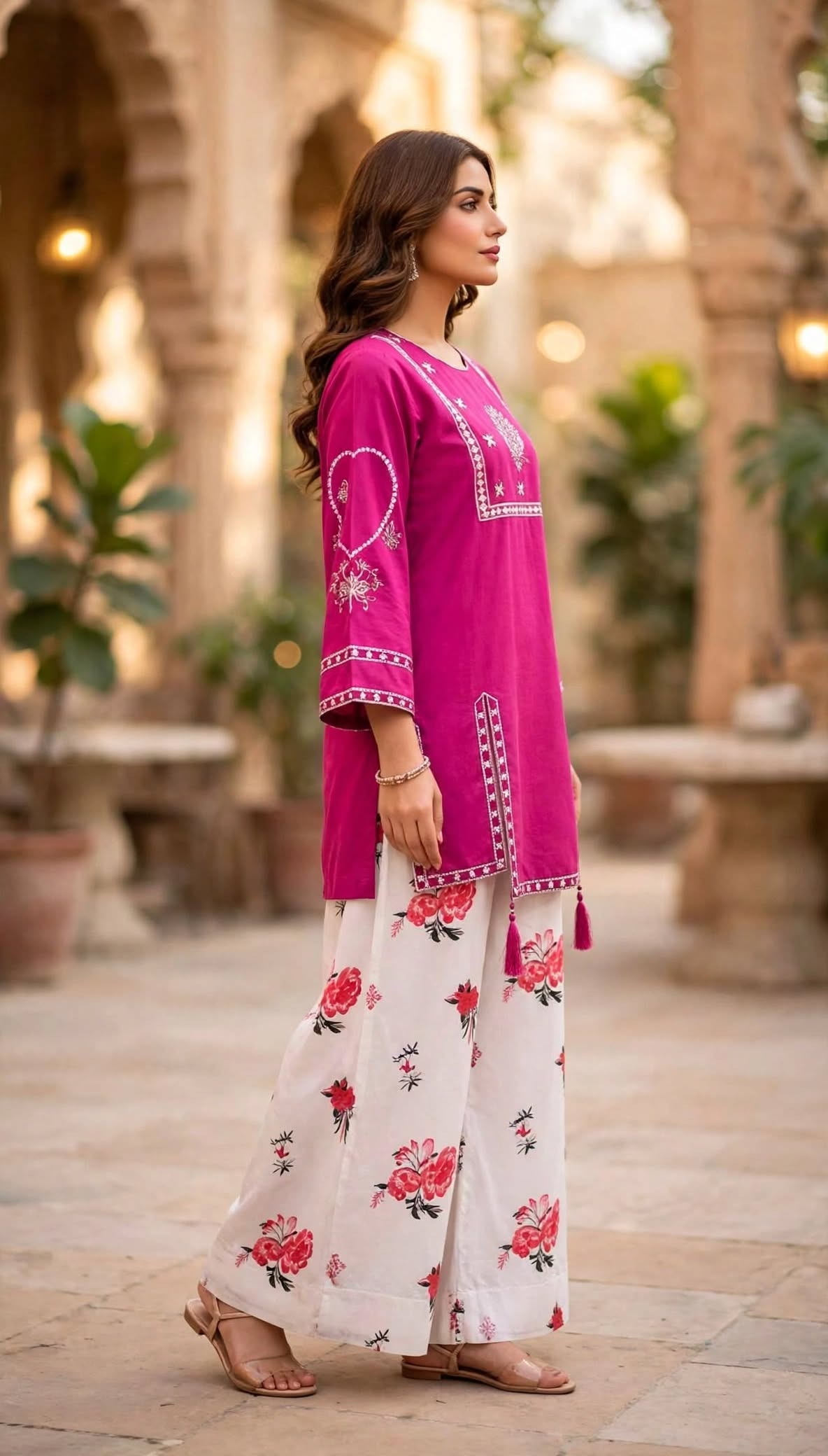 Stitched 2-Piece Magenta / Deep Pink Embroidered Lawn Co-Ord Set with Printed Trousers