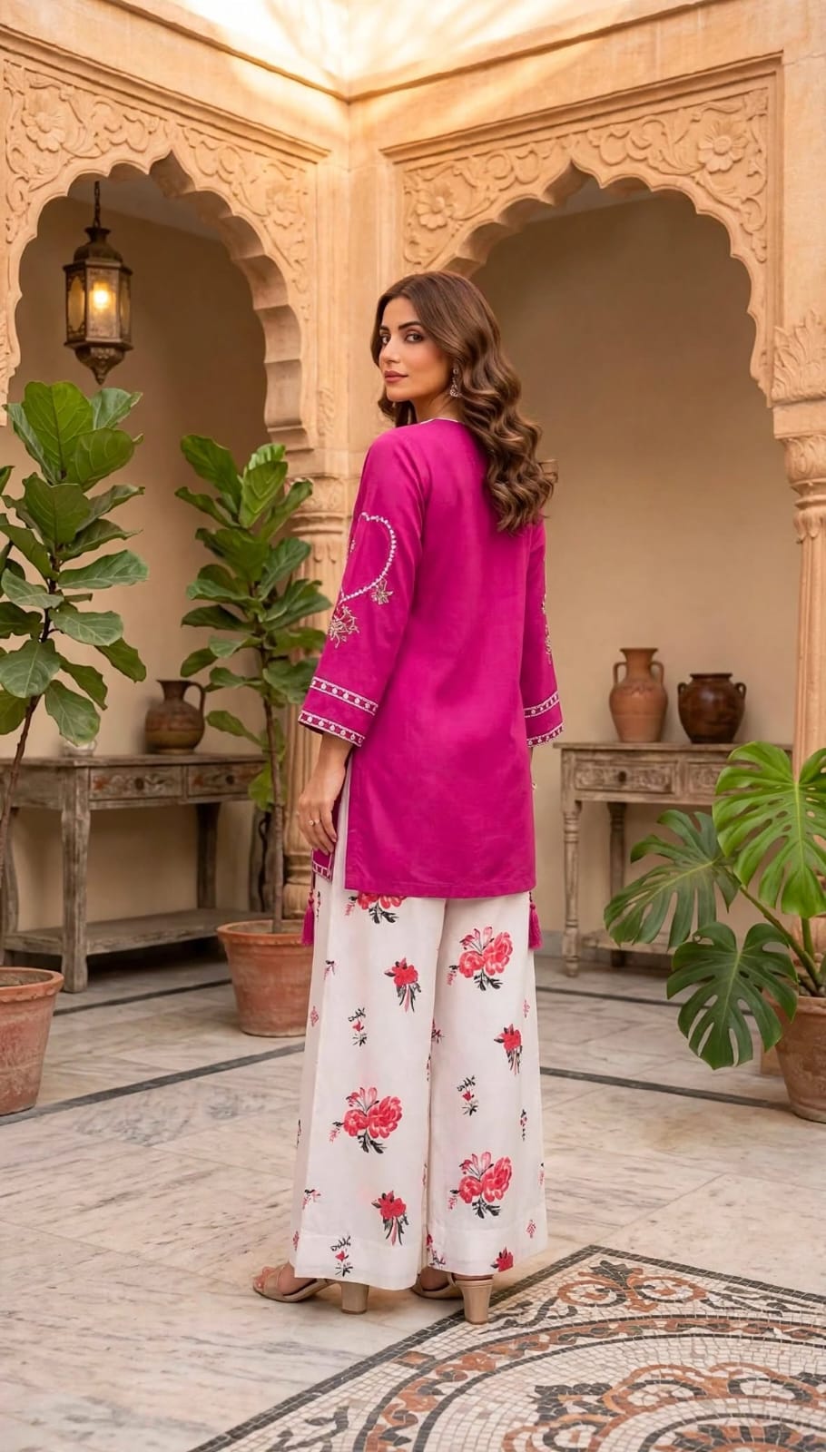 Stitched 2-Piece Magenta / Deep Pink Embroidered Lawn Co-Ord Set with Printed Trousers