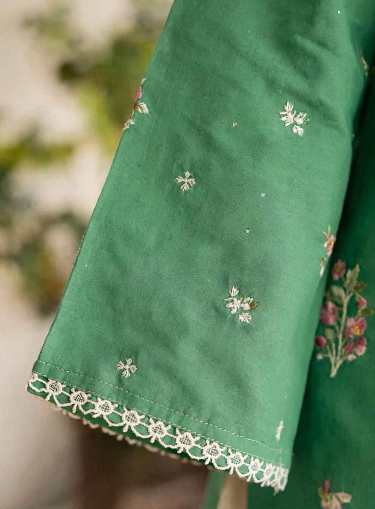 Stitched 2-Piece Sage / Forest Green Kurti  Embroidered Lawn Co-Ord Set with Printed Trousers