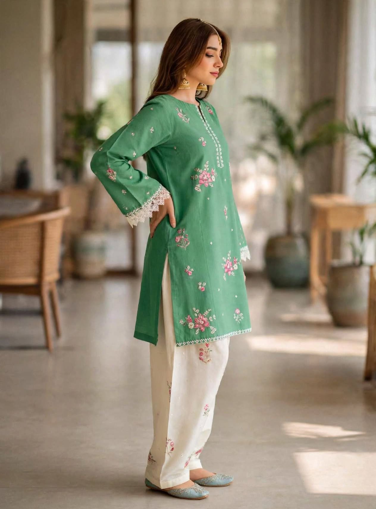 Stitched 2-Piece Sage / Forest Green Kurti  Embroidered Lawn Co-Ord Set with Printed Trousers