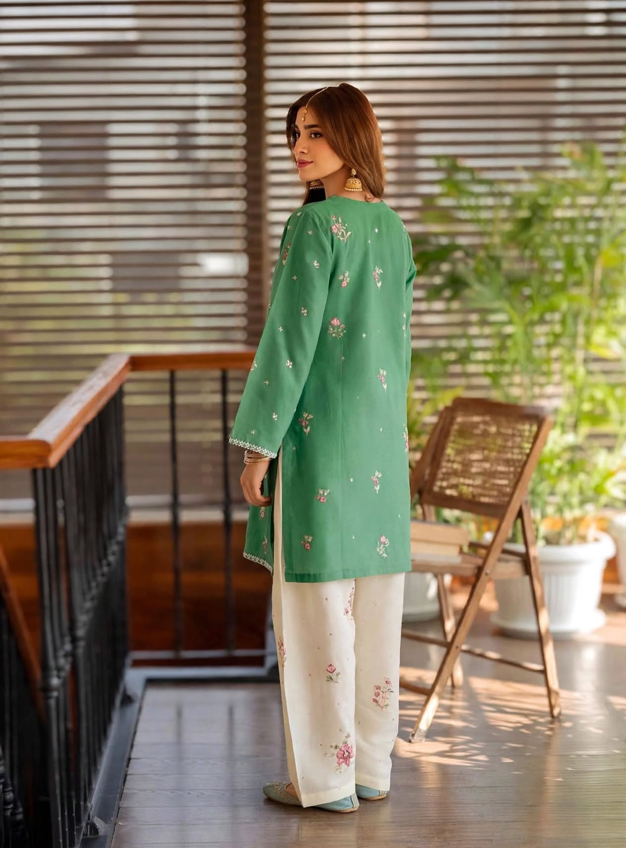 Stitched 2-Piece Sage / Forest Green Kurti  Embroidered Lawn Co-Ord Set with Printed Trousers