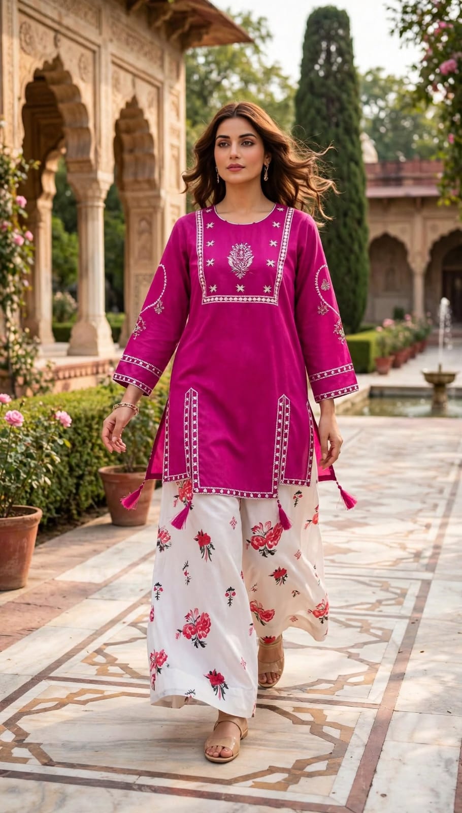 Stitched 2-Piece Magenta / Deep Pink Embroidered Lawn Co-Ord Set with Printed Trousers