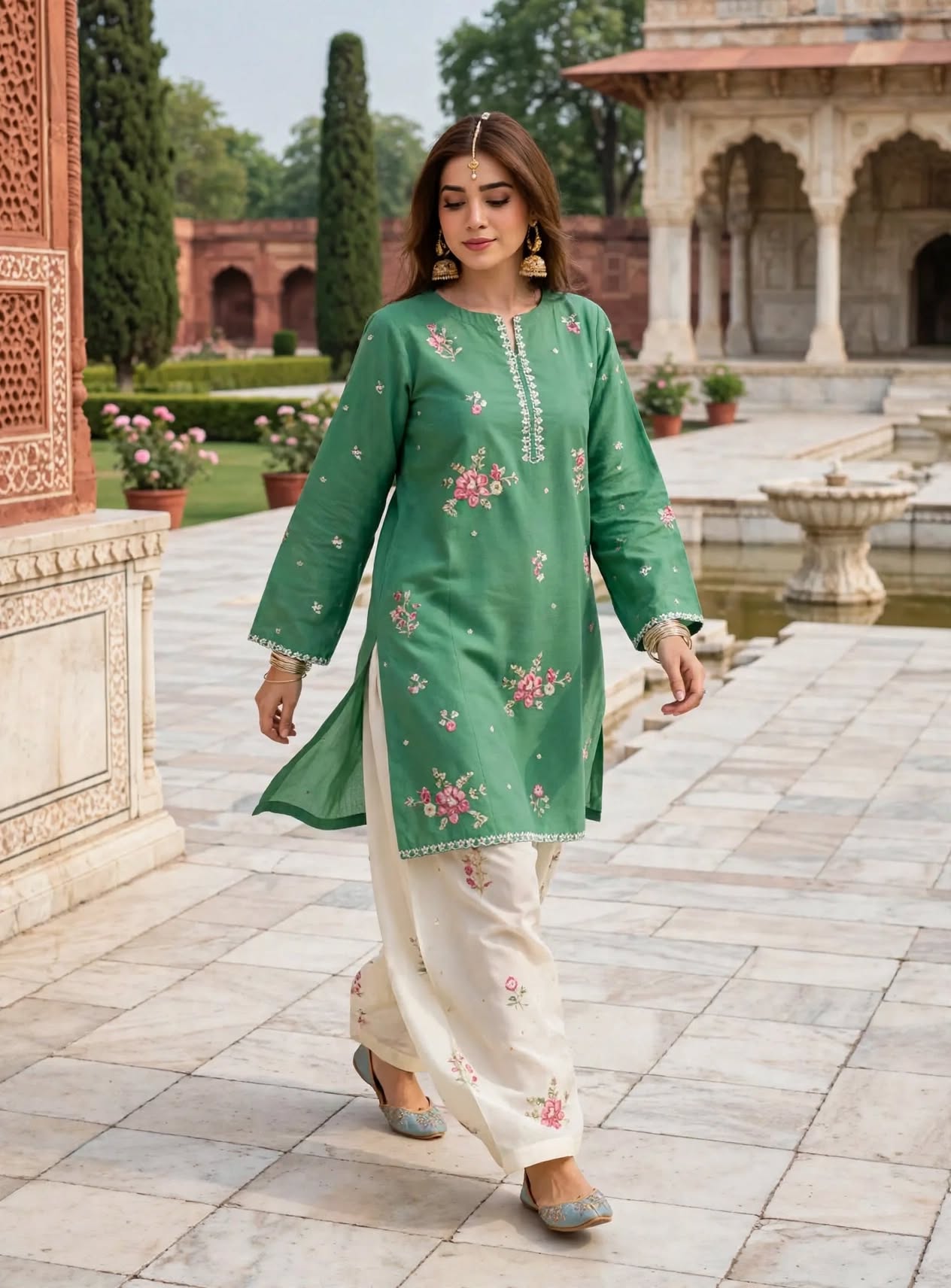 Stitched 2-Piece Sage / Forest Green Kurti  Embroidered Lawn Co-Ord Set with Printed Trousers