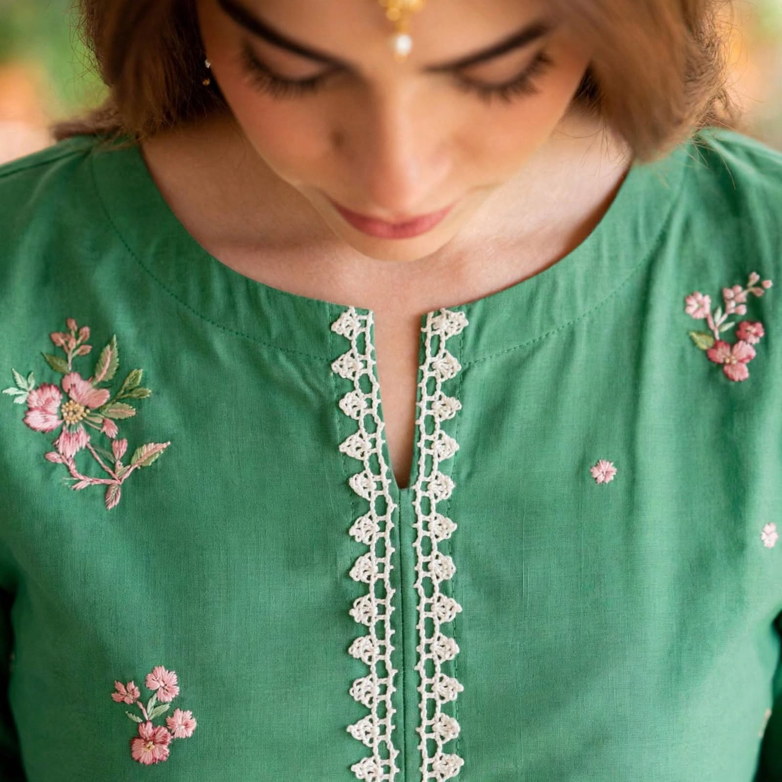Stitched 2-Piece Sage / Forest Green Kurti  Embroidered Lawn Co-Ord Set with Printed Trousers