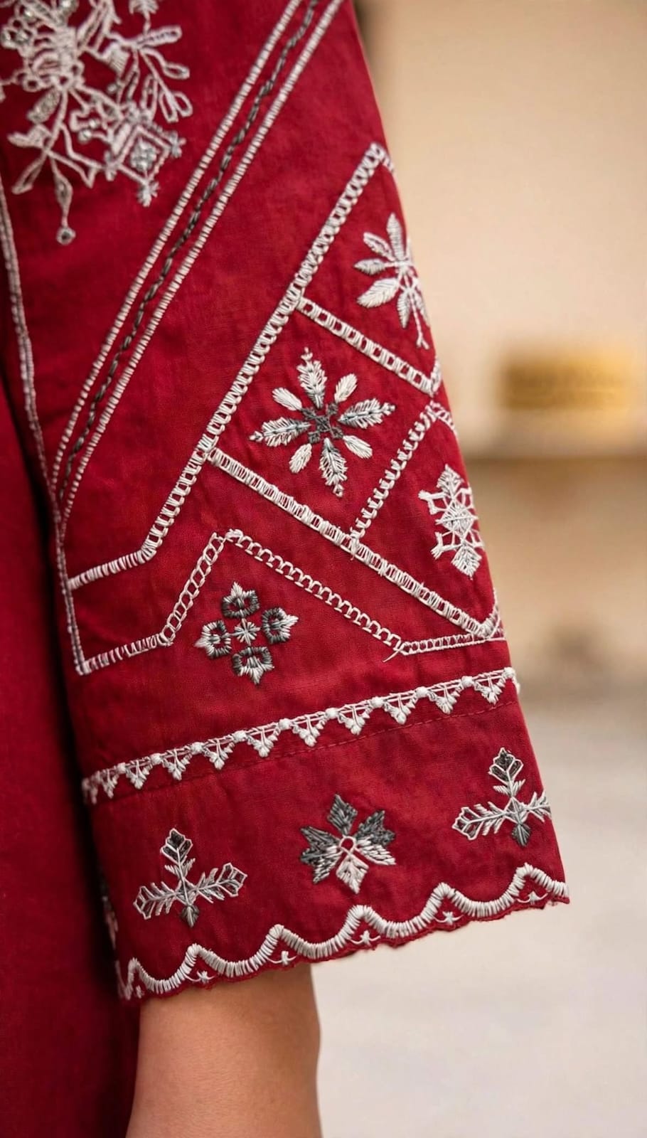 Stitched 2-Piece Rich Maroon Kurti Embroidered Lawn Co-Ord Set with Printed Trousers