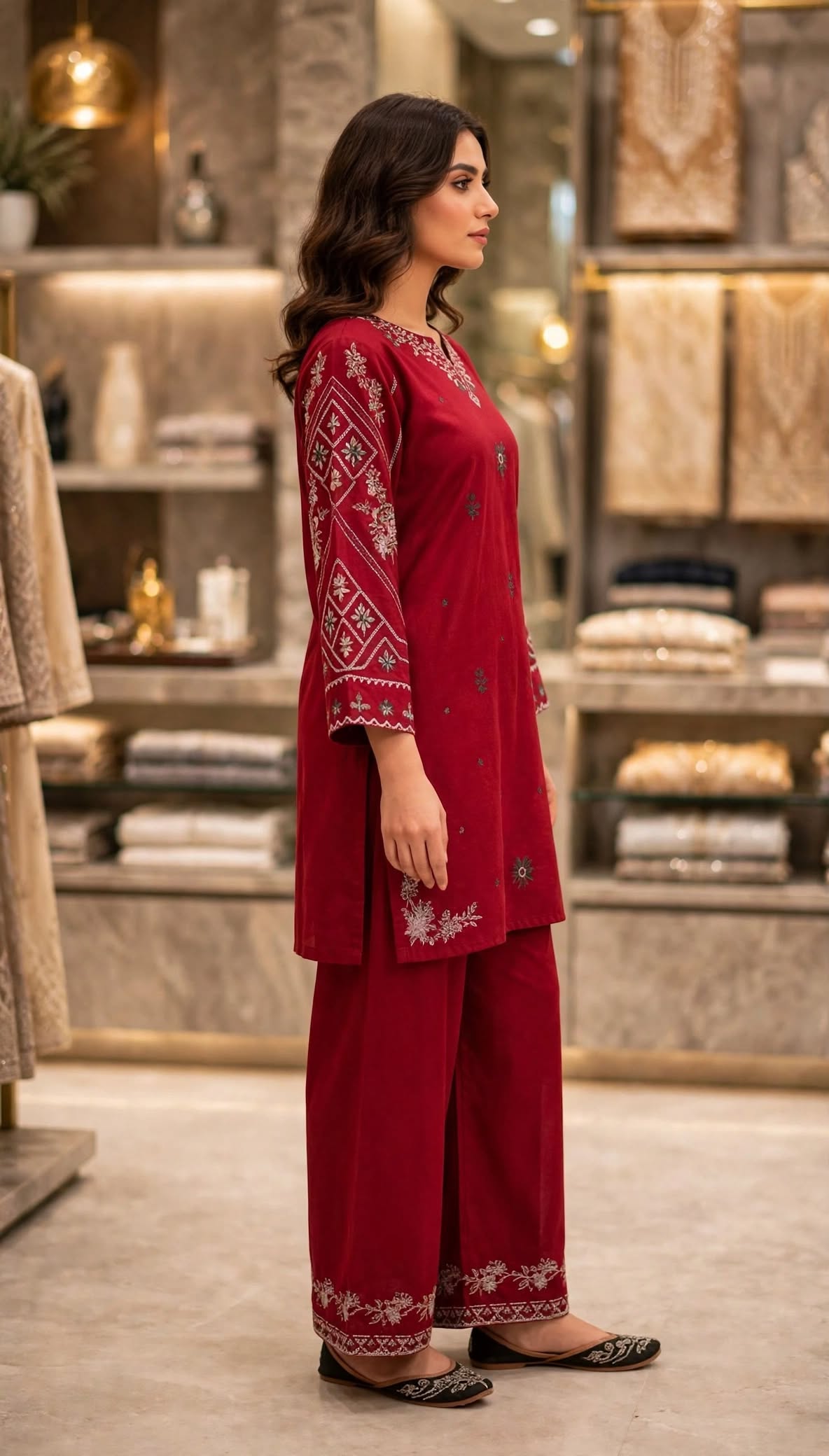 Stitched 2-Piece Rich Maroon Kurti Embroidered Lawn Co-Ord Set with Printed Trousers