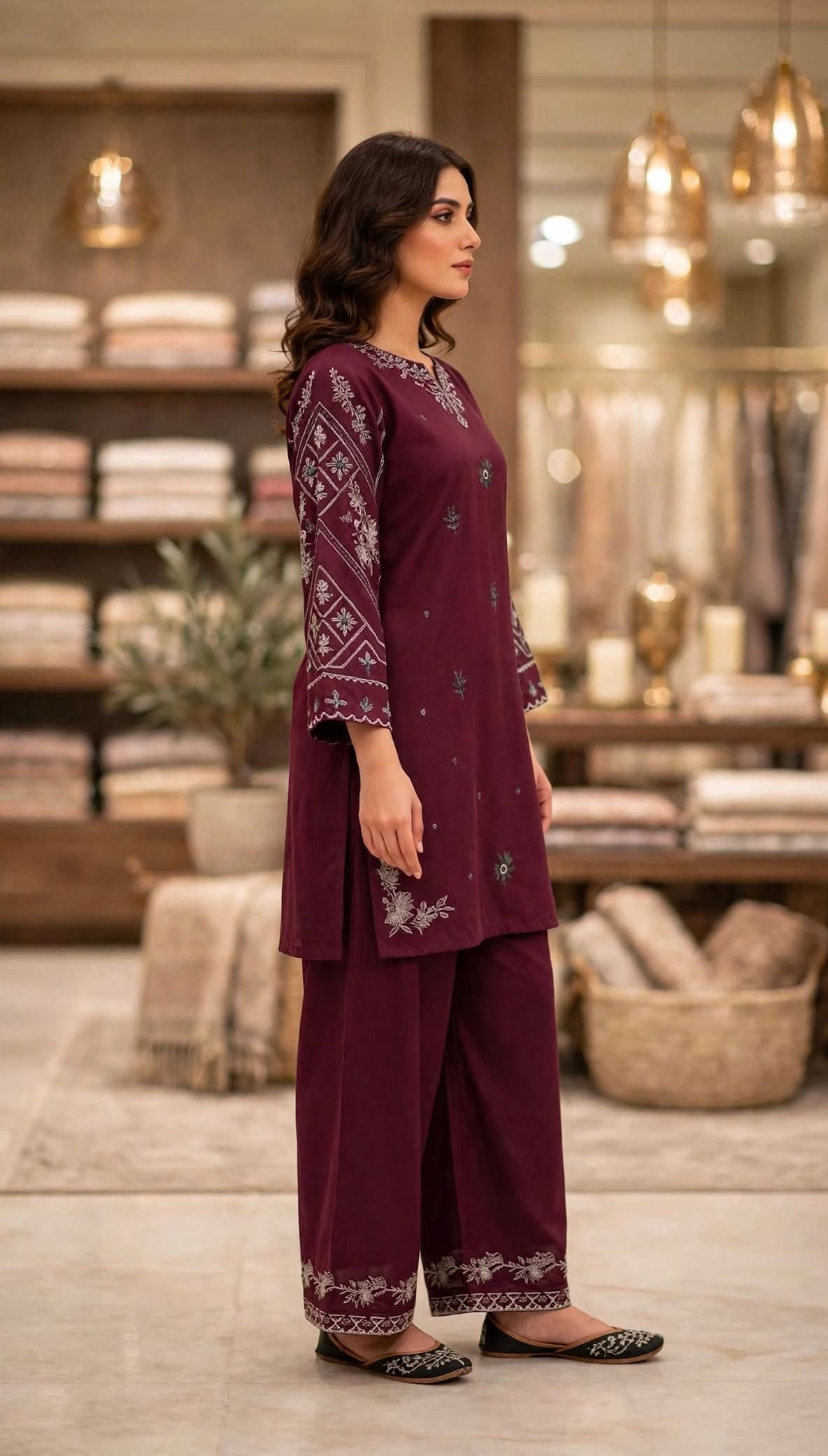 Stitched 2-Piece Red Rust Embroidered Lawn Co-Ord Set with Printed Trousers