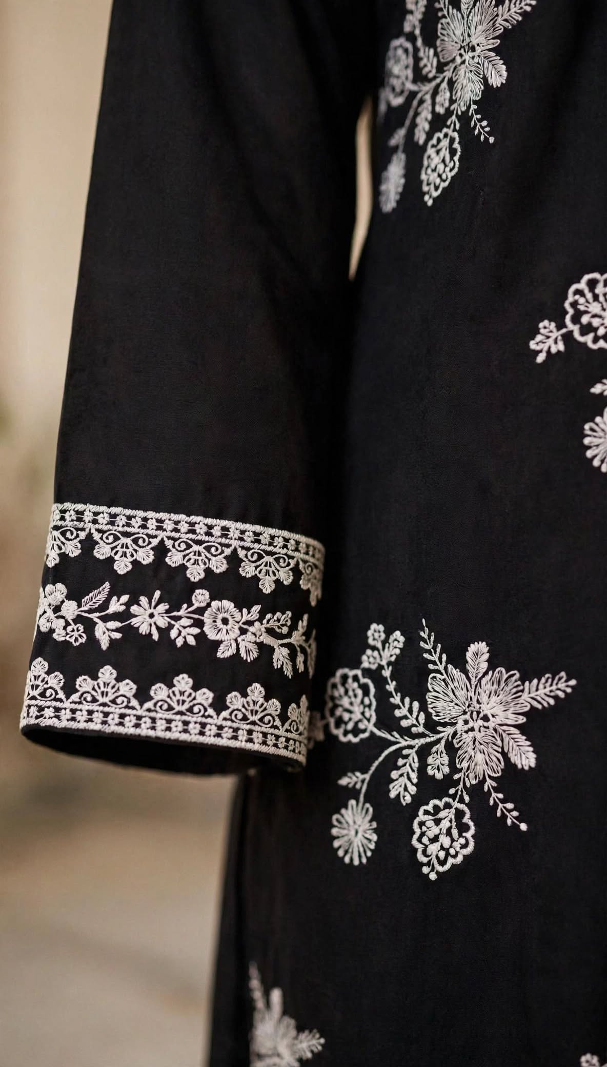 Stitched 2-Piece Jet Black Contrast Ivory Embroidered Lawn Co-Ord Set with Printed Trousers