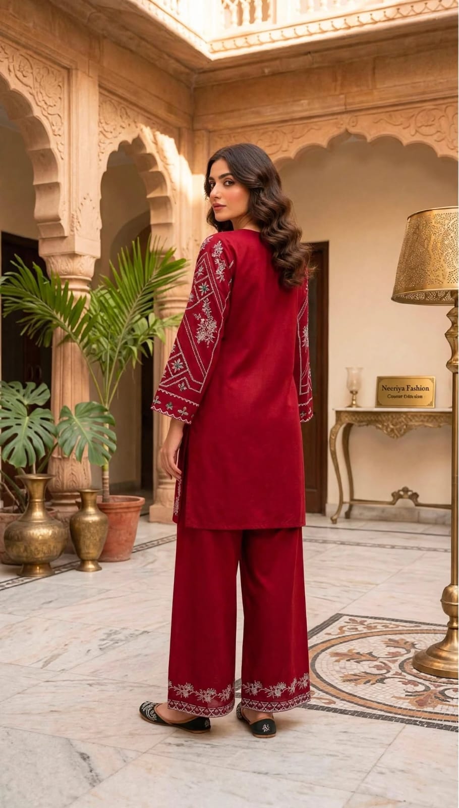Stitched 2-Piece Rich Maroon Kurti Embroidered Lawn Co-Ord Set with Printed Trousers